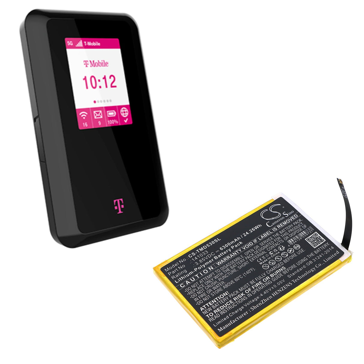 3.85V, Li-Polymer, 6300mAh, Hotspot battery fits T-mobile, 141033, D53, 24.26Wh Hotspot Cameron Sino Technology Limited