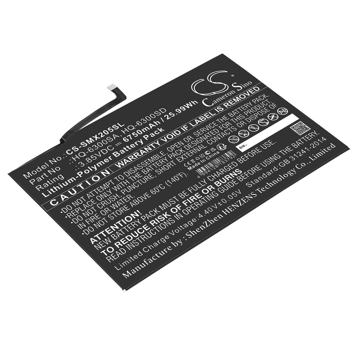 3.85V, Li-Polymer, 6750mAh, Tablet battery fits Samsung, Hq-6300sa, Sm-x200, Sm-x205, 25.99Wh Tablet Cameron Sino Technology Limited