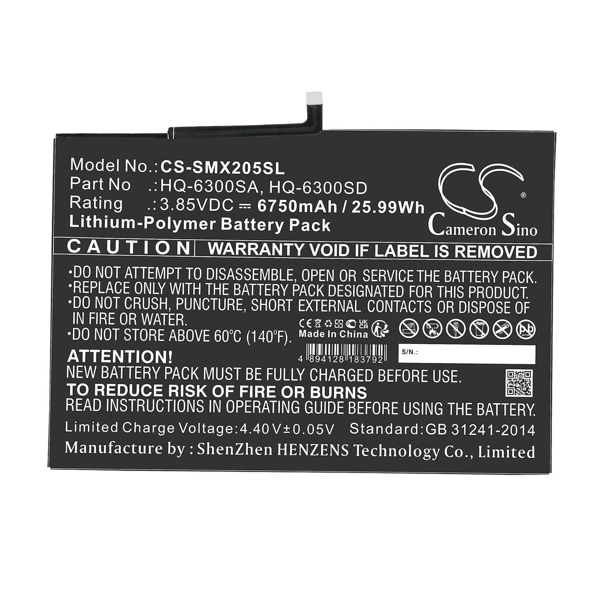 3.85V, Li-Polymer, 6750mAh, Tablet battery fits Samsung, Hq-6300sa, Sm-x200, Sm-x205, 25.99Wh Tablet Cameron Sino Technology Limited