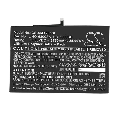 3.85V, Li-Polymer, 6750mAh, Tablet battery fits Samsung, Hq-6300sa, Sm-x200, Sm-x205, 25.99Wh Tablet Cameron Sino Technology Limited