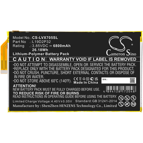 3.85V, Li-Polymer, 6800mAh, Tablet battery fits Lenovo, L19d2p32, Yoga Smart Tab, Yt-x705f, 26.18Wh Tablet Cameron Sino Technology Limited