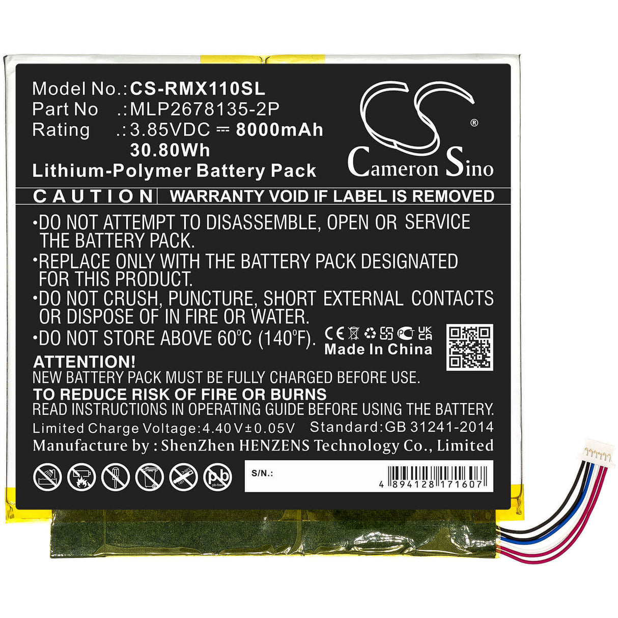 3.85V, Li-Polymer, 8000mAh, Tablet battery fits Verizon, Mlp2678135-2p, Ellipsis 10 Hd, Ellipsis 10 Inch 32gb Hd 4g, 30.80Wh Tablet Cameron Sino Technology Limited