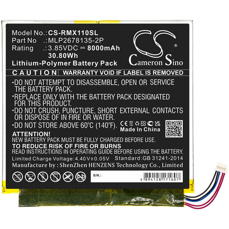 3.85V, Li-Polymer, 8000mAh, Tablet battery fits Verizon, Mlp2678135-2p, Ellipsis 10 Hd, Ellipsis 10 Inch 32gb Hd 4g, 30.80Wh Tablet Cameron Sino Technology Limited
