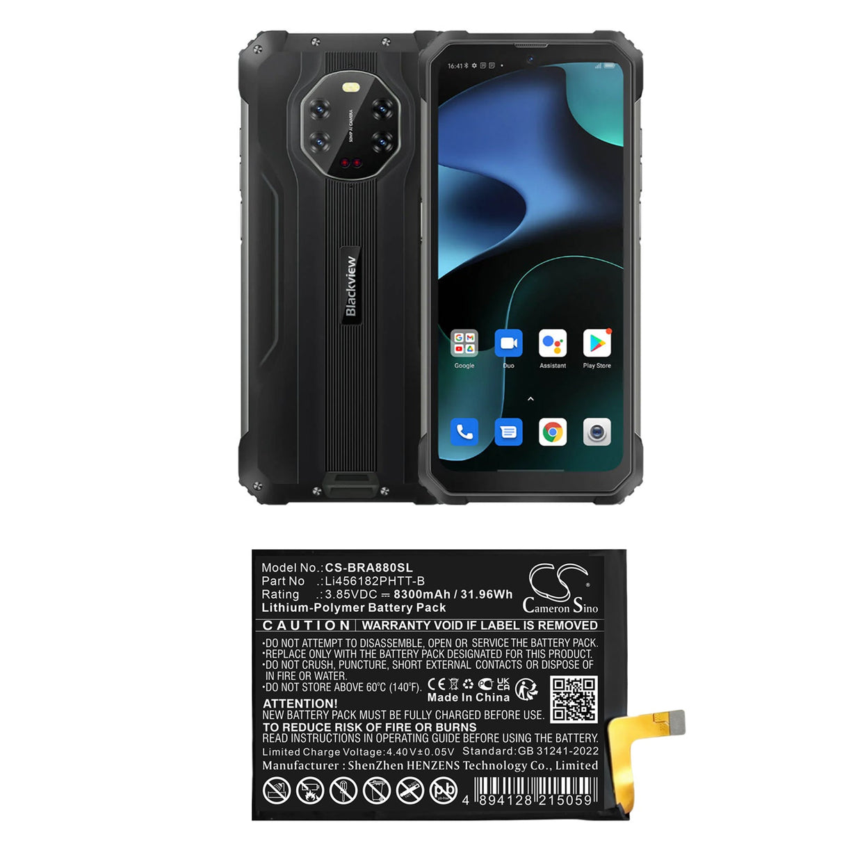 3.85V, Li-Polymer, 8300mAh, Mobile, SmartPhone battery fits Blackview, Li456182phtt-b, Bl8800, 31.96Wh Mobile, SmartPhone Cameron Sino Technology Limited (Smartphone)