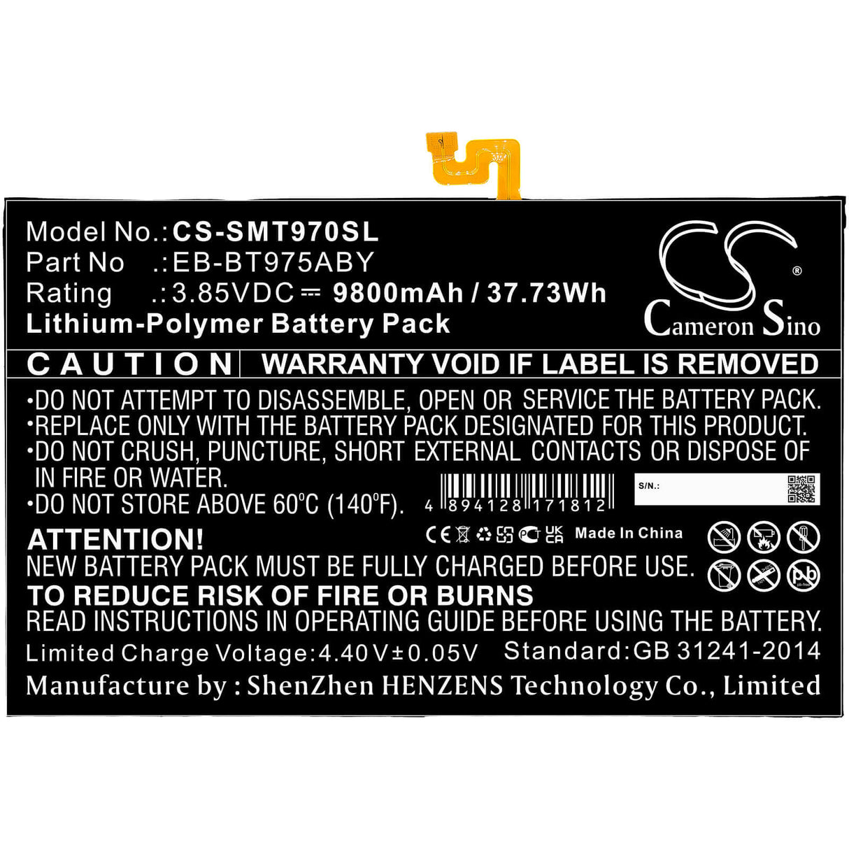 3.85V, Li-Polymer, 9800mAh, Tablet battery fits Samsung, Eb-bt975aby, Galaxy Tab S7 Fe 5g, Galaxy Tab S7 Plus 12.4, 37.73Wh Tablet Cameron Sino Technology Limited