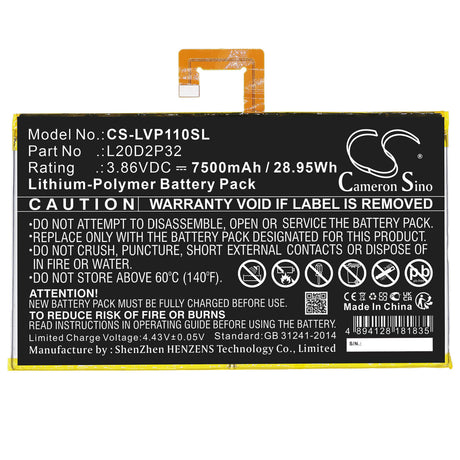 3.86V, Li-Polymer, 7500mAh, Tablet battery fits Lenovo, L20d2p32, Tab P11, Tab P11 5g, 28.95Wh Tablet Cameron Sino Technology Limited