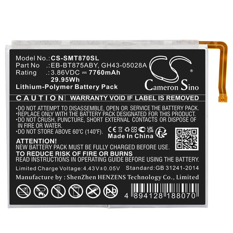 3.86V, Li-Polymer, 7760mAh, Tablet battery fits Samsung, Eb-bt875aby, Galaxy Tab S7 11.0, Galaxy Tab S7 5g Uw 11.0, 29.95Wh Tablet Cameron Sino Technology Limited