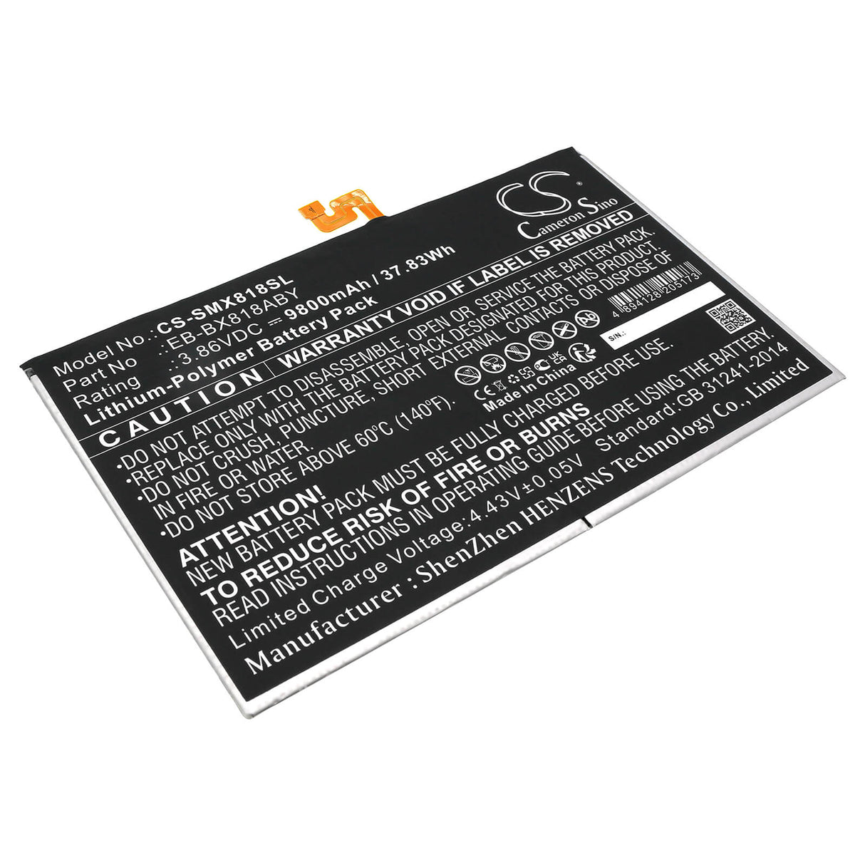 3.86v, Li-polymer, 9800mah, Tablet Battery Fits Samsung Sm-x810, Sm-x810n, 37.83wh Tablet Cameron Sino Technology Limited   