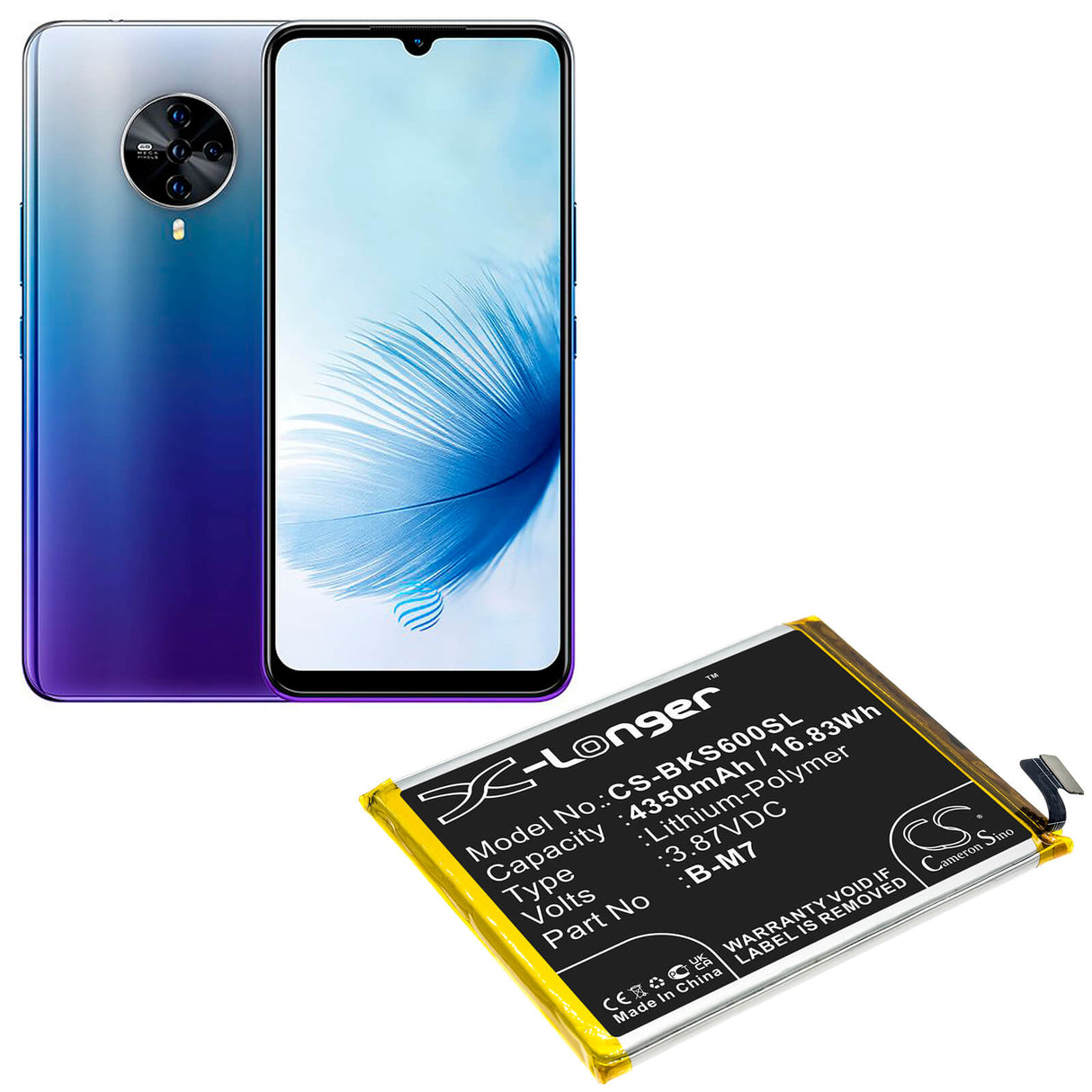 3.87V, Li-Polymer, 4350mAh, SmartPhone battery fits Vivo, B-m7, G1 5g, S6 5g, 16.83Wh Mobile, SmartPhone Cameron Sino Technology Limited (Smartphone)