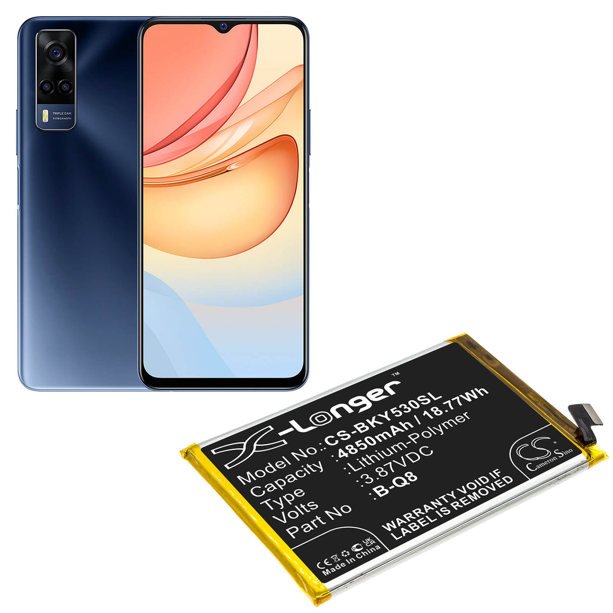 3.87V, Li-Polymer, 4850mAh, SmartPhone battery fits Vivo, B-q8, V2058, V2111a, 18.77Wh Mobile, SmartPhone Cameron Sino Technology Limited (Suspended)