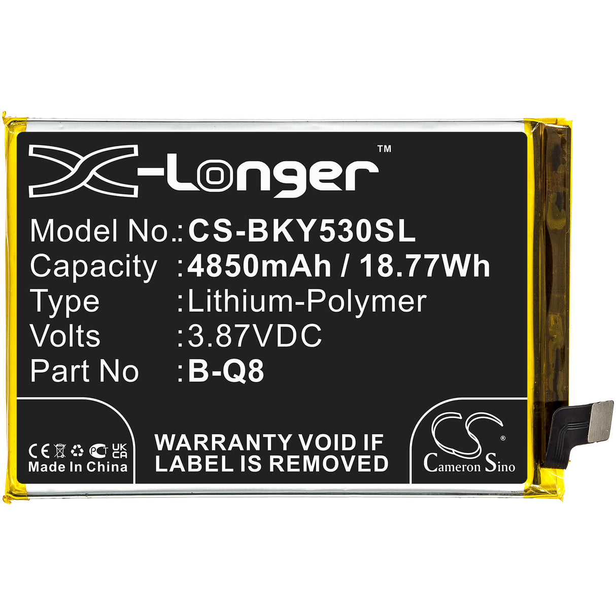 3.87V, Li-Polymer, 4850mAh, SmartPhone battery fits Vivo, B-q8, V2058, V2111a, 18.77Wh Mobile, SmartPhone Cameron Sino Technology Limited (Suspended)