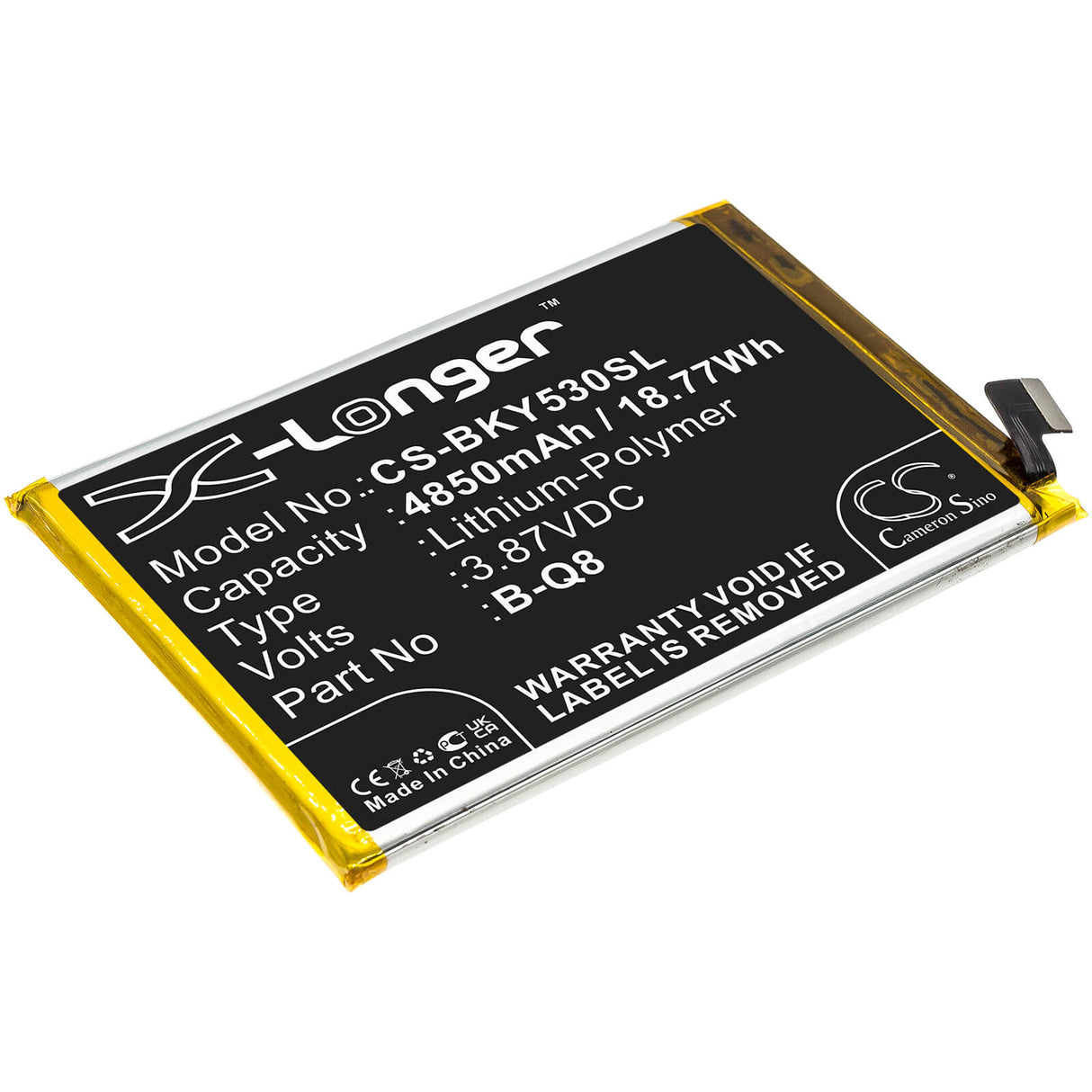3.87V, Li-Polymer, 4850mAh, SmartPhone battery fits Vivo, B-q8, V2058, V2111a, 18.77Wh Mobile, SmartPhone Cameron Sino Technology Limited (Suspended)