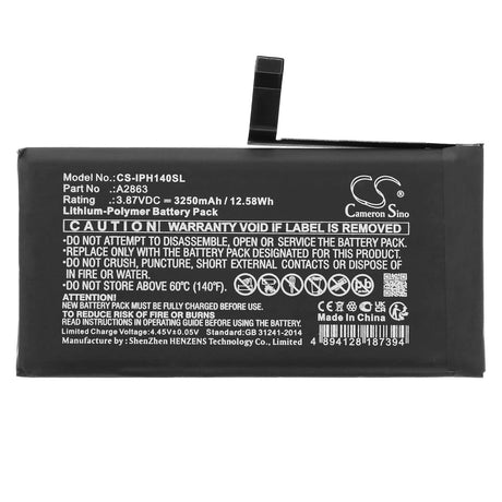 3.87V, Li-Polymer, 3250mAh, SmartPhone battery fits Apple, A2863, Iphone 14, 12.58Wh Mobile, SmartPhone Cameron Sino Technology Limited (Smartphone)