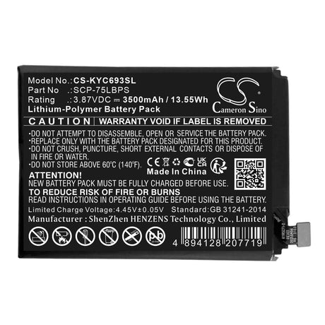 3.87V, Li-Polymer, 3500mAh, SmartPhone battery fits Kyocera, 5aaxbt141gea, C6930, Durasport 5g Uw, 13.55Wh Mobile, SmartPhone Cameron Sino Technology Limited (Suspended)