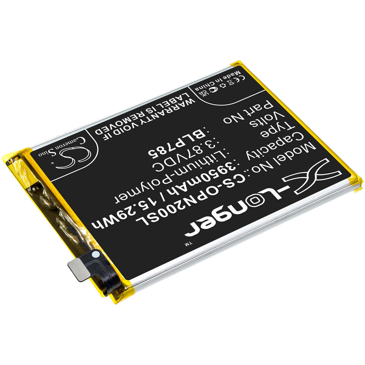 3.87V, Li-Polymer, 3950mAh, SmartPhone battery fits Oneplus, Blp785, Ac2003, Nord, 15.29Wh Mobile, SmartPhone Cameron Sino Technology Limited (Smartphone)