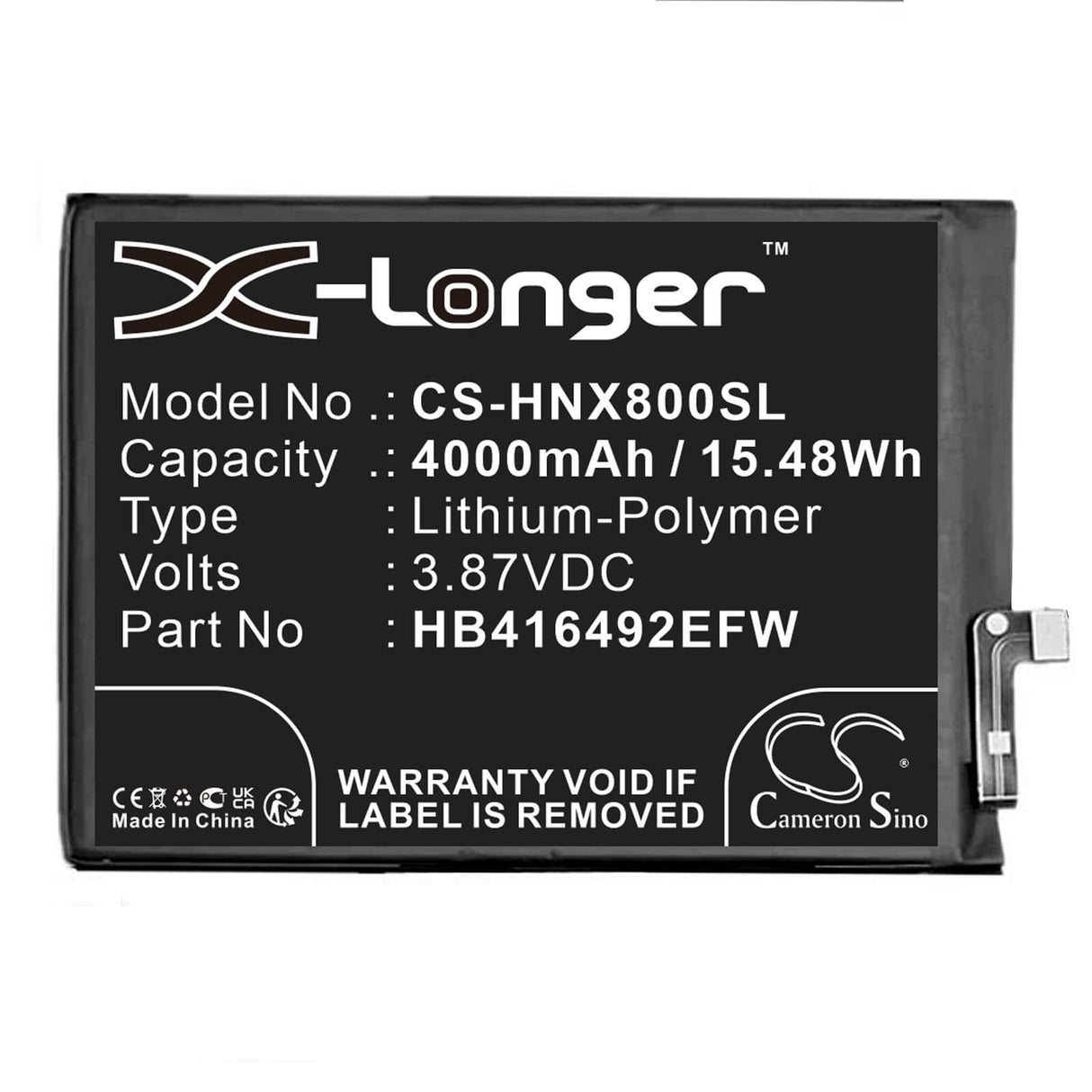 3.87V, Li-Polymer, 4000mAh, SmartPhone battery fits Honor, Hb416492efw, Tfy-lx1, Tfy-lx2, 15.48Wh Mobile, SmartPhone Cameron Sino Technology Limited (Smartphone)