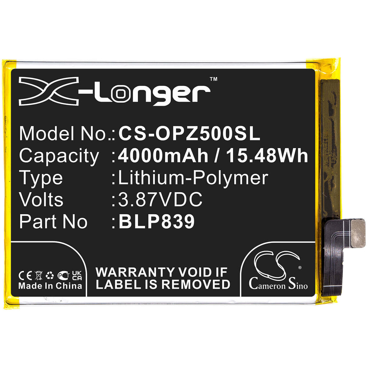 3.87V, Li-Polymer, 4000mAh, SmartPhone battery fits Oppo, Blp839, 2213, A94 5g, 15.48Wh Mobile, SmartPhone Cameron Sino Technology Limited (Smartphone)