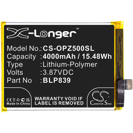 3.87V, Li-Polymer, 4000mAh, SmartPhone battery fits Oppo, Blp839, 2213, A94 5g, 15.48Wh Mobile, SmartPhone Cameron Sino Technology Limited (Smartphone)