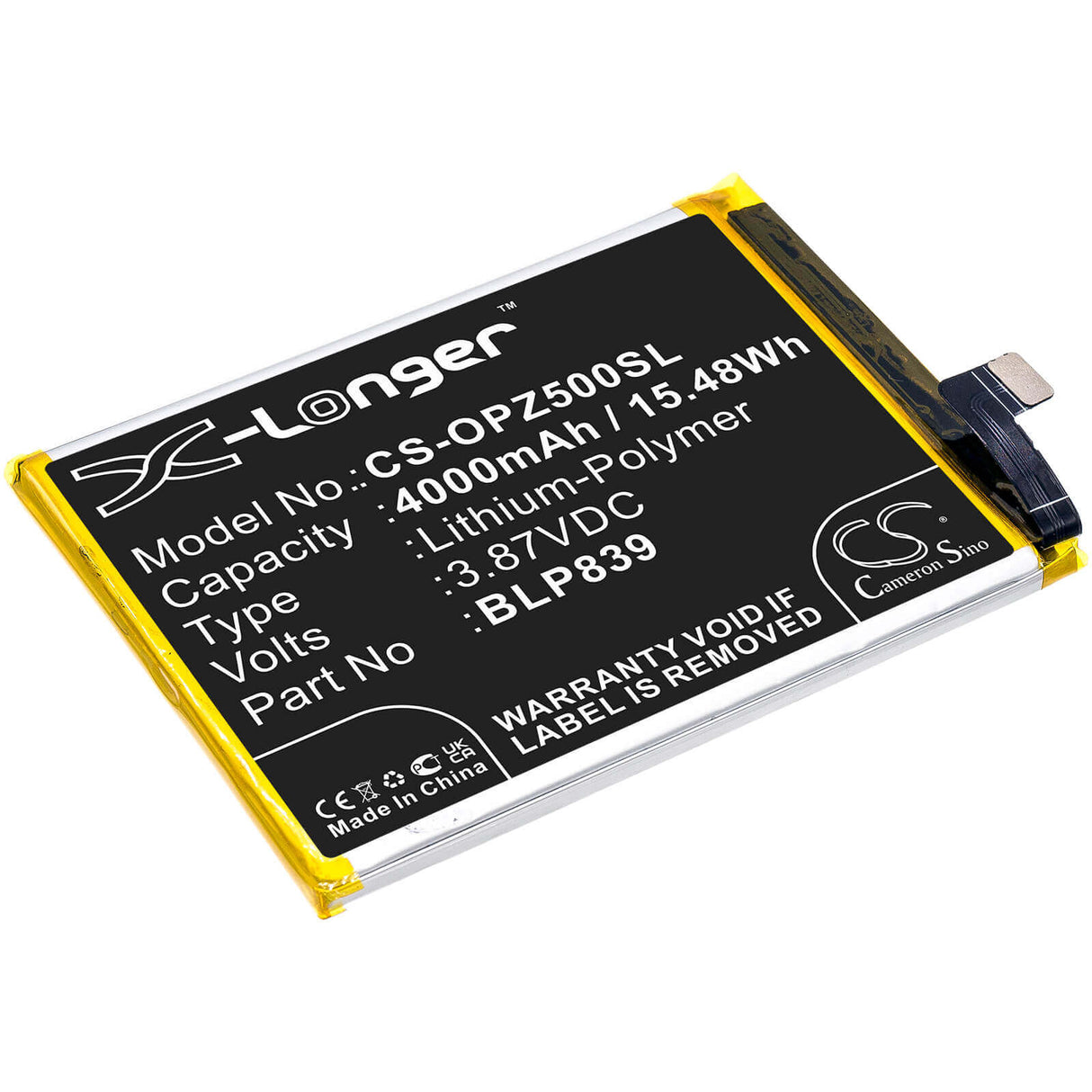 3.87V, Li-Polymer, 4000mAh, SmartPhone battery fits Oppo, Blp839, 2213, A94 5g, 15.48Wh Mobile, SmartPhone Cameron Sino Technology Limited (Smartphone)