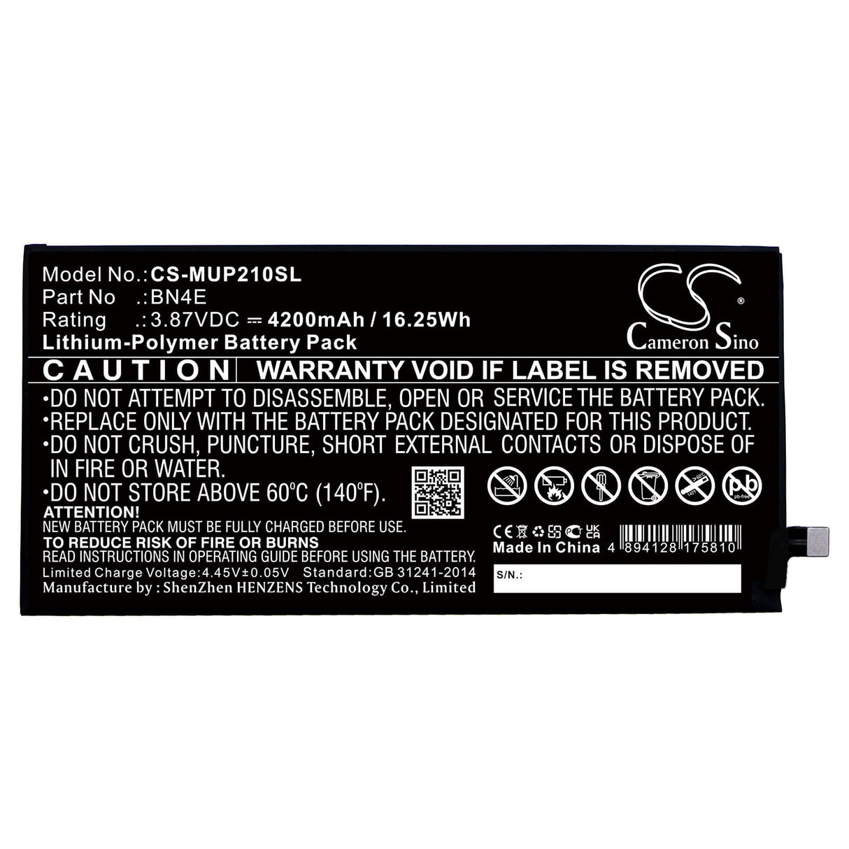 3.87V, Li-Polymer, 4200mAh, Tablet battery fits Xiaomi, Bn4e, 21051182g, Mi Pad 5, 16.25Wh Tablet Cameron Sino Technology Limited