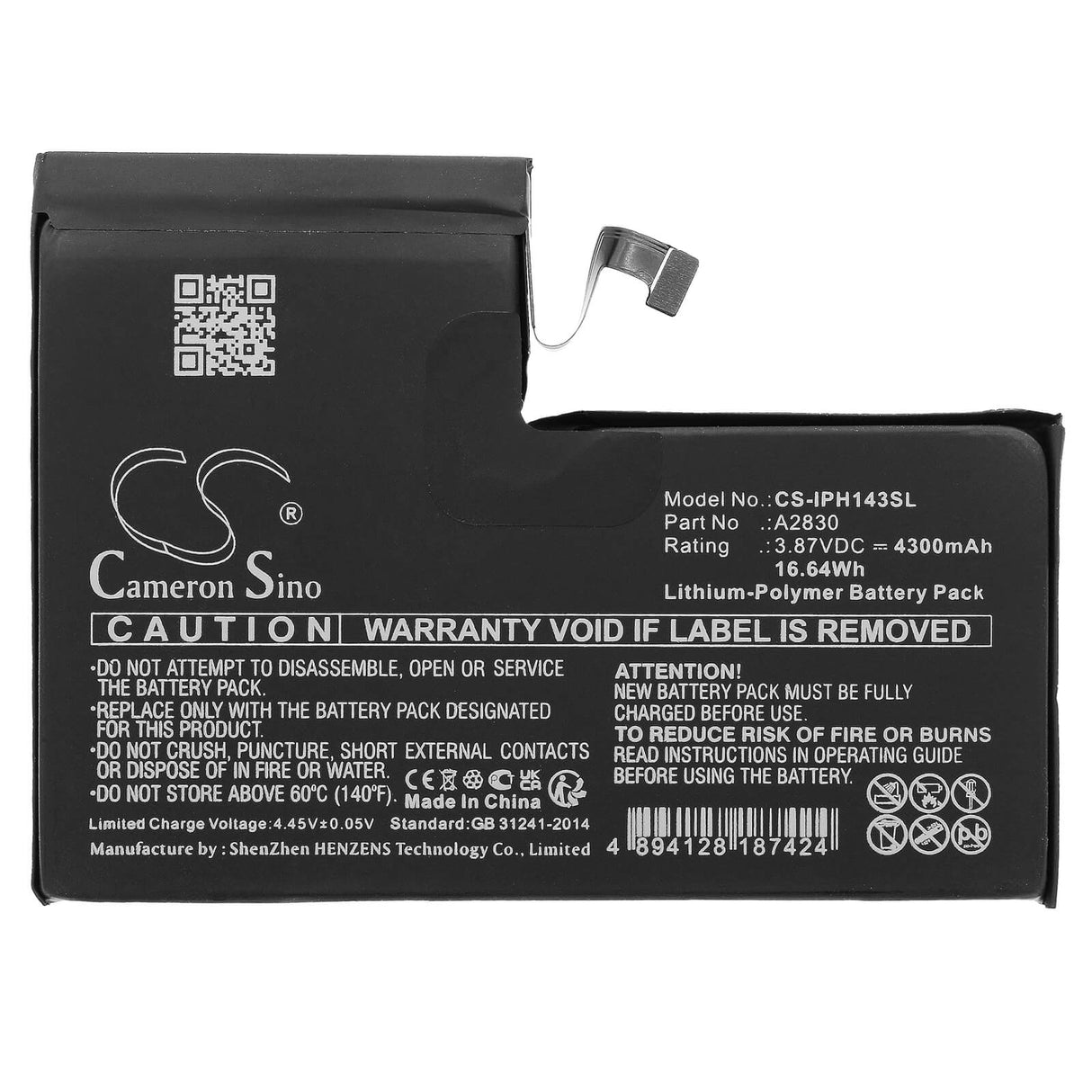 3.87V, Li-Polymer, 4300mAh, SmartPhone battery fits Apple, A2830, Iphone 14 Pro Max, 16.64Wh Mobile, SmartPhone Cameron Sino Technology Limited (Smartphone)