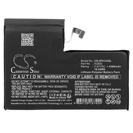 3.87V, Li-Polymer, 4300mAh, SmartPhone battery fits Apple, A2830, Iphone 14 Pro Max, 16.64Wh Mobile, SmartPhone Cameron Sino Technology Limited (Smartphone)
