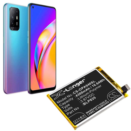 3.87V, Li-Polymer, 4300mAh, SmartPhone battery fits Oppo, Blp835, A94, A94 2021, 16.64Wh Mobile, SmartPhone Cameron Sino Technology Limited (Smartphone)