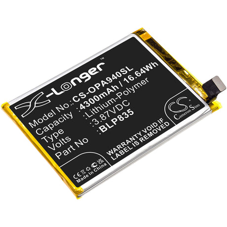 3.87V, Li-Polymer, 4300mAh, SmartPhone battery fits Oppo, Blp835, A94, A94 2021, 16.64Wh Mobile, SmartPhone Cameron Sino Technology Limited (Smartphone)
