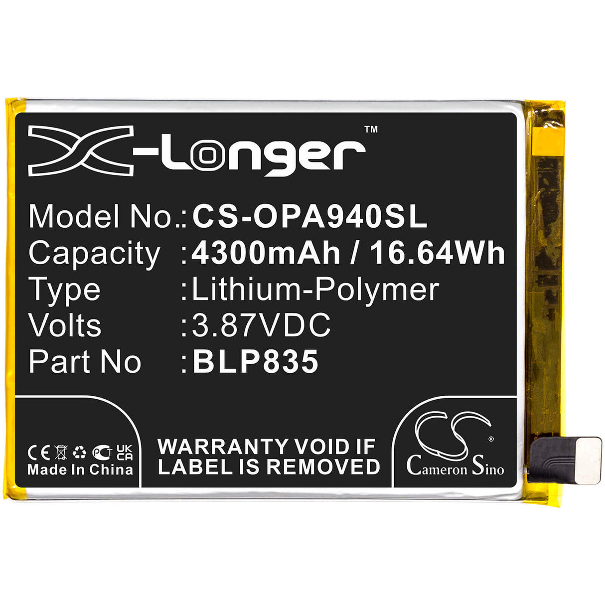 3.87V, Li-Polymer, 4300mAh, SmartPhone battery fits Oppo, Blp835, A94, A94 2021, 16.64Wh Mobile, SmartPhone Cameron Sino Technology Limited (Smartphone)