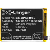 3.87V, Li-Polymer, 4300mAh, SmartPhone battery fits Oppo, Blp835, A94, A94 2021, 16.64Wh Mobile, SmartPhone Cameron Sino Technology Limited (Smartphone)