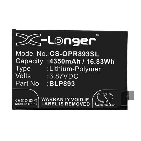 3.87V, Li-Polymer, 4350mAh, SmartPhone battery fits Oppo, Blp893, Pfjm10, Reno 7, 16.83Wh Mobile, SmartPhone Cameron Sino Technology Limited (Smartphone)