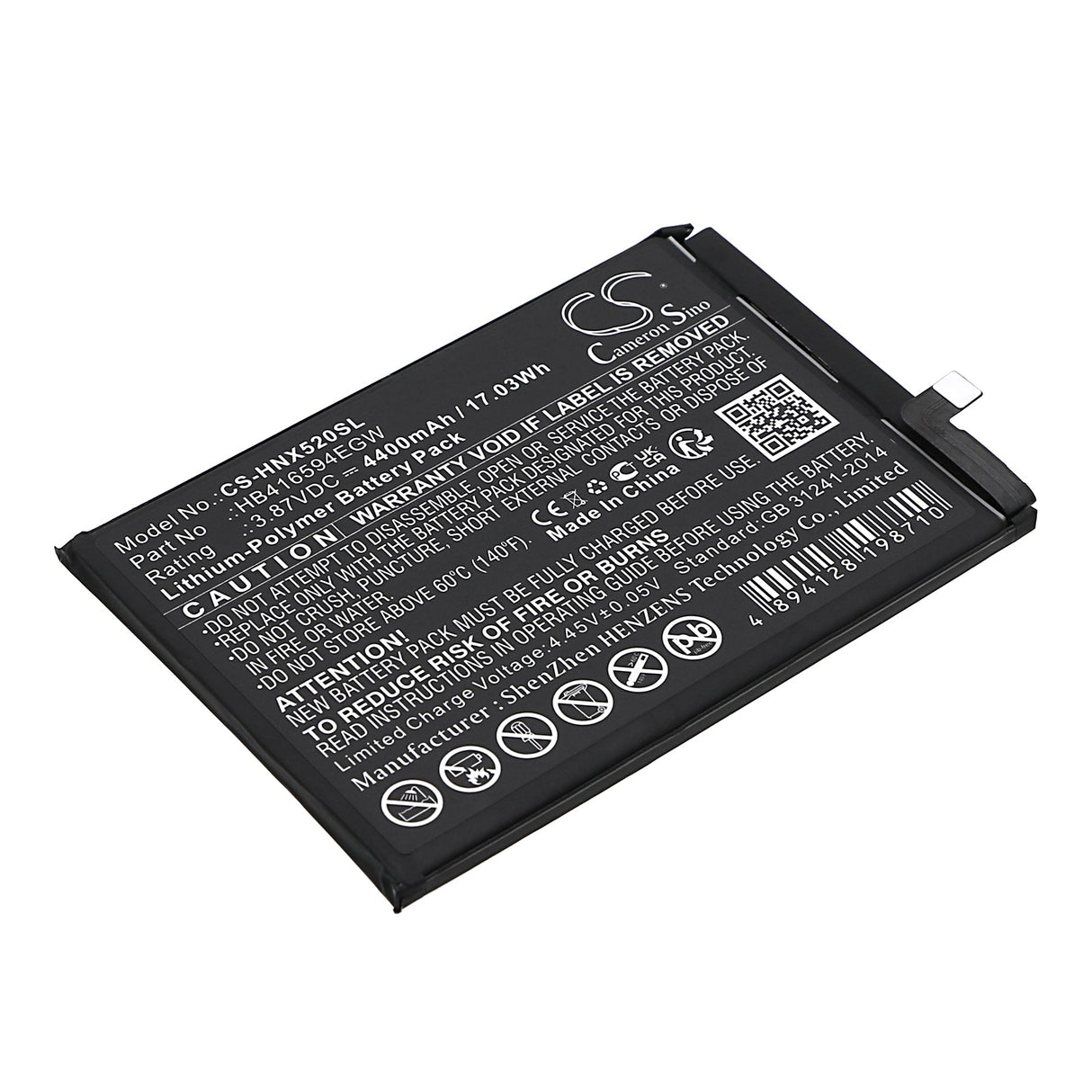 3.87V, Li-Polymer, 4400mAh, SmartPhone battery fits Honor, Hb416594egw, Crt-an00, X50i 5g, 17.03Wh Mobile, SmartPhone Cameron Sino Technology Limited (Smartphone)