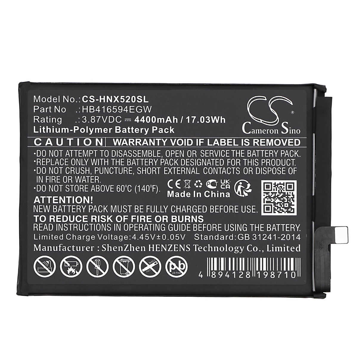 3.87V, Li-Polymer, 4400mAh, SmartPhone battery fits Honor, Hb416594egw, Crt-an00, X50i 5g, 17.03Wh Mobile, SmartPhone Cameron Sino Technology Limited (Smartphone)