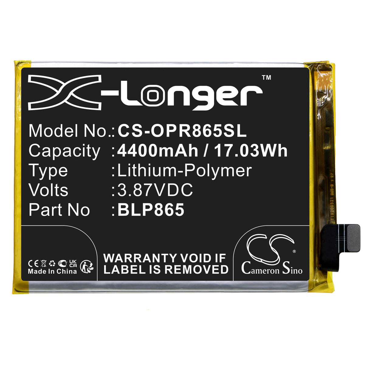 3.87V, Li-Polymer, 4400mAh, SmartPhone battery fits Oppo, Blp865, K9 Pro, K9 Pro 5g, 17.03Wh Mobile, SmartPhone Cameron Sino Technology Limited (Smartphone)