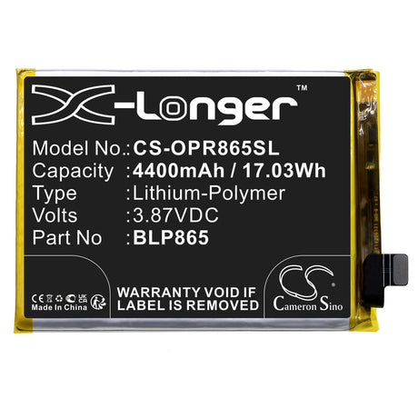 3.87V, Li-Polymer, 4400mAh, SmartPhone battery fits Oppo, Blp865, K9 Pro, K9 Pro 5g, 17.03Wh Mobile, SmartPhone Cameron Sino Technology Limited (Smartphone)
