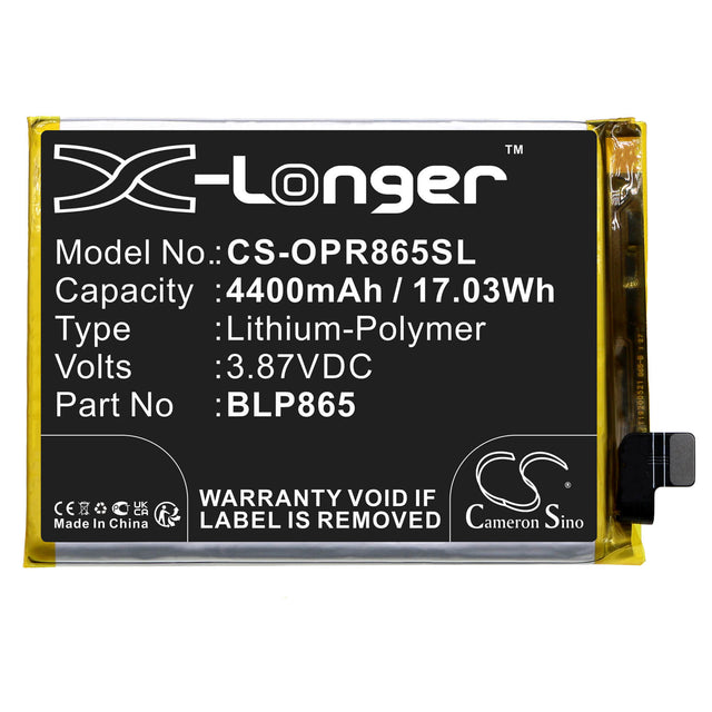 3.87V, Li-Polymer, 4400mAh, SmartPhone battery fits Oppo, Blp865, K9 Pro, K9 Pro 5g, 17.03Wh Mobile, SmartPhone Cameron Sino Technology Limited (Smartphone)