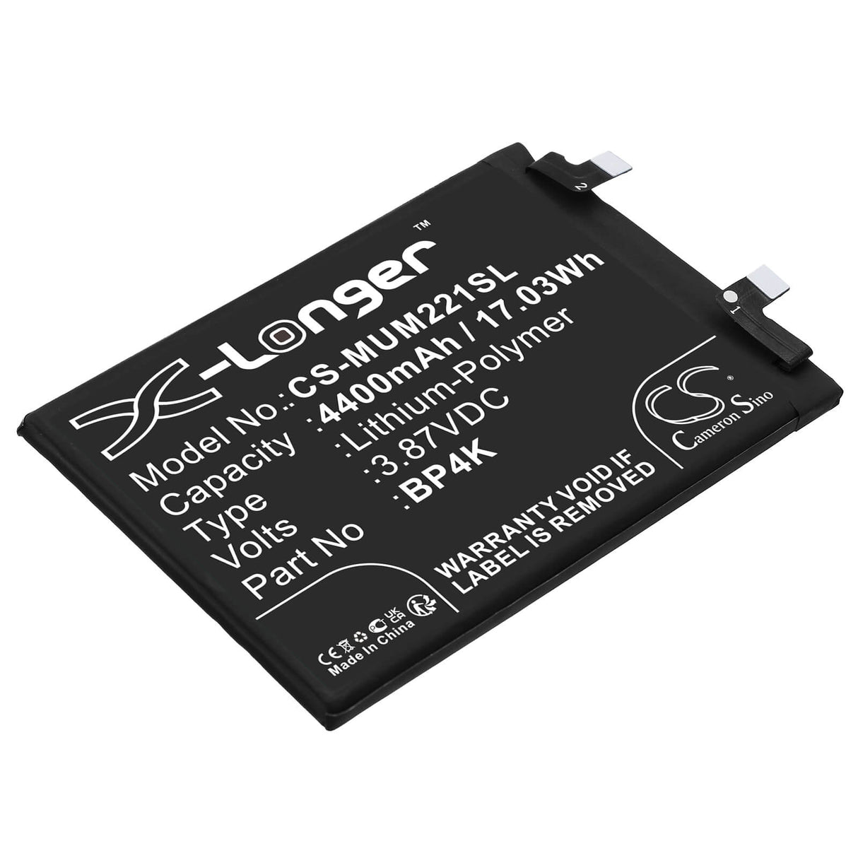 3.87V, Li-Polymer, 4400mAh, SmartPhone battery fits Xiaomi, Bp4k, 22101320c, Note 12 Pro, 17.03Wh Mobile, SmartPhone Cameron Sino Technology Limited (Smartphone)