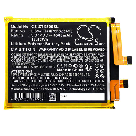 3.87V, Li-Polymer, 4500mAh, SmartPhone battery fits Zte, Li3941t44p8h826453, A2022p, Axon 30 Pro+, 17.42Wh Mobile, SmartPhone Cameron Sino Technology Limited (Smartphone)