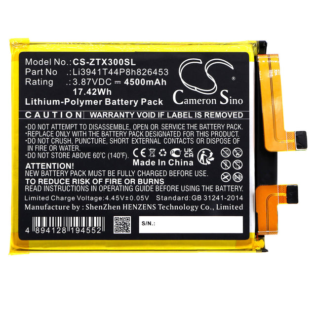 3.87V, Li-Polymer, 4500mAh, SmartPhone battery fits Zte, Li3941t44p8h826453, A2022p, Axon 30 Pro+, 17.42Wh Mobile, SmartPhone Cameron Sino Technology Limited (Smartphone)