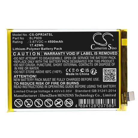 3.87V, Li-Polymer, 4500mAh, SmartPhone battery fits Oppo, Realme, Blp909, 9 5g 2022, Realme 9, 17.42Wh Mobile, SmartPhone Cameron Sino Technology Limited (Smartphone)