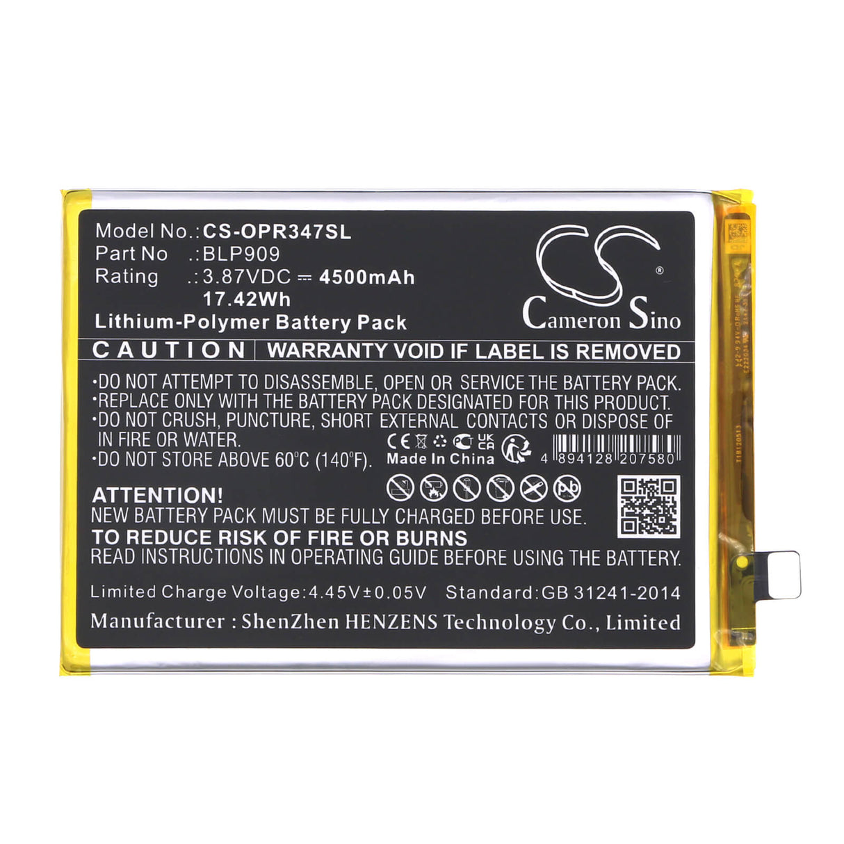 3.87V, Li-Polymer, 4500mAh, SmartPhone battery fits Oppo, Realme, Blp909, 9 5g 2022, Realme 9, 17.42Wh Mobile, SmartPhone Cameron Sino Technology Limited (Smartphone)