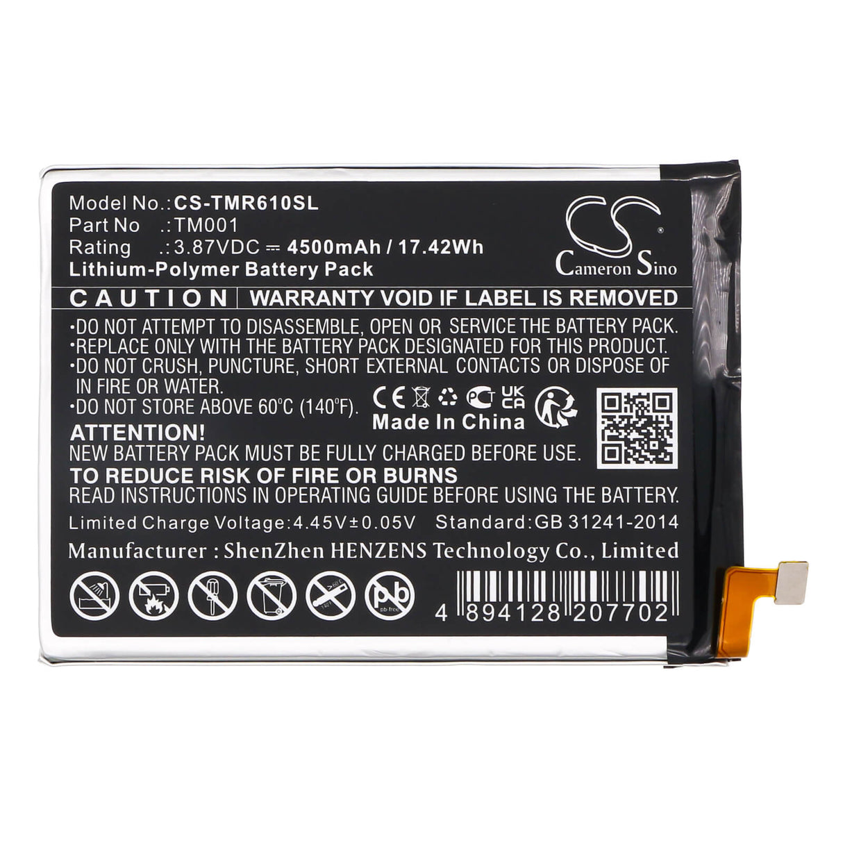 3.87V, Li-Polymer, 4500mAh, SmartPhone battery fits T-mobile, Tm001, Revvl 6 Pro 5g, Revvl V Plus 5g, 17.42Wh Mobile, SmartPhone Cameron Sino Technology Limited (Smartphone)