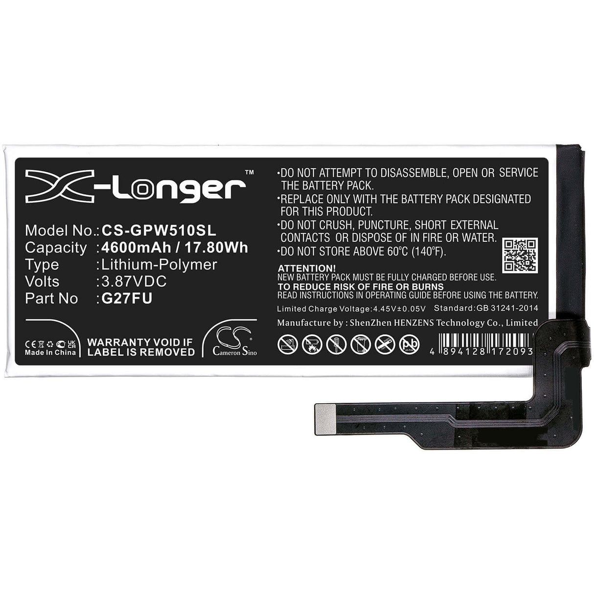3.87V, Li-Polymer, 4600mAh, SmartPhone battery fits Google, G27fu, Pixel 5a, Pixel 5a 5g, 17.8Wh Mobile, SmartPhone Cameron Sino Technology Limited (Smartphone)