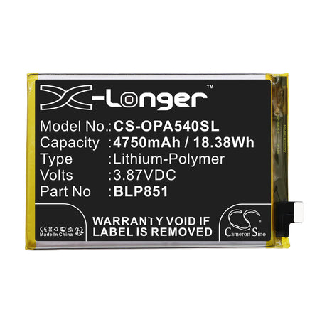 3.87V, Li-Polymer, 4750mAh, SmartPhone battery fits Oppo, Blp851, A54 5g, A74 5g, 18.38Wh Mobile, SmartPhone Cameron Sino Technology Limited (Smartphone)