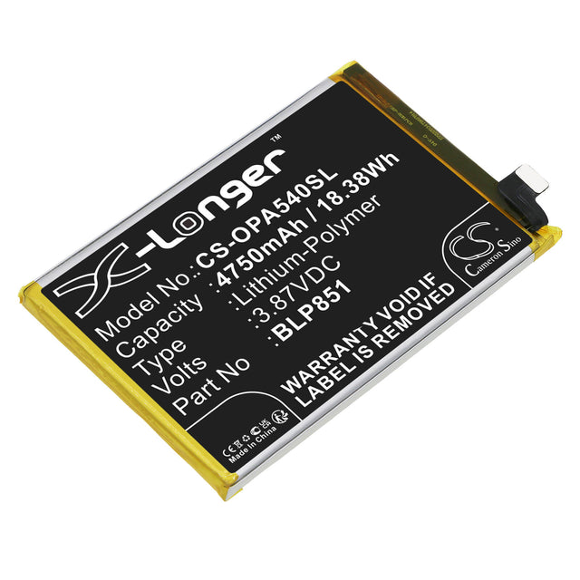 3.87V, Li-Polymer, 4750mAh, SmartPhone battery fits Oppo, Blp851, A54 5g, A74 5g, 18.38Wh Mobile, SmartPhone Cameron Sino Technology Limited (Smartphone)