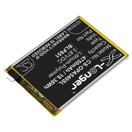 3.87V, Li-Polymer, 4750mAh, SmartPhone battery fits Oppo, Blp851, A54 5g, A74 5g, 18.38Wh Mobile, SmartPhone Cameron Sino Technology Limited (Smartphone)