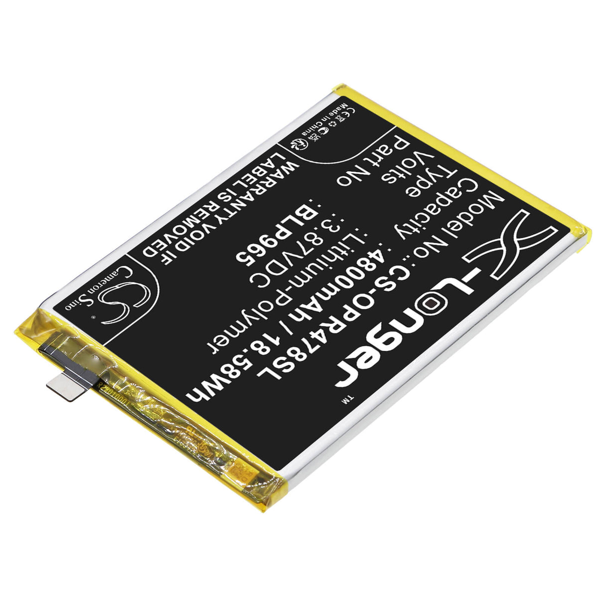 3.87V, Li-Polymer, 4800mAh, SmartPhone battery fits Oppo, Realme, Blp965, K10x 5g, Pggm10, 18.58Wh Mobile, SmartPhone Cameron Sino Technology Limited (Smartphone)