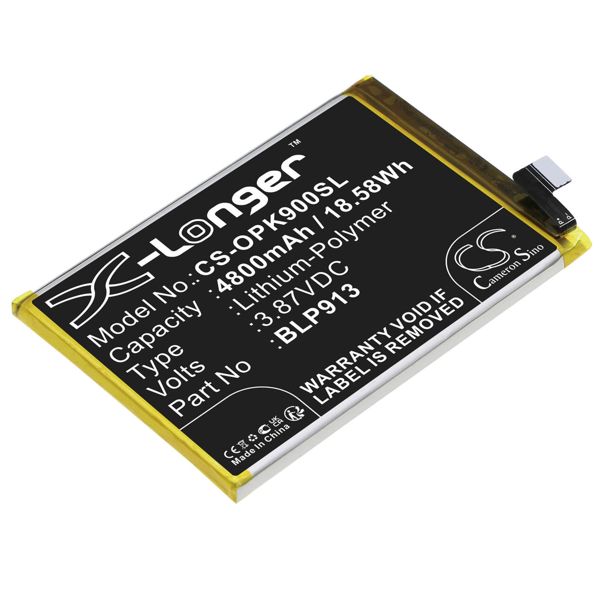 3.87V, Li-Polymer, 4800mAh, SmartPhone battery fits Oppo, Blp913, K9x, K9x 5g 2021, 18.58Wh Mobile, SmartPhone Cameron Sino Technology Limited (Smartphone)