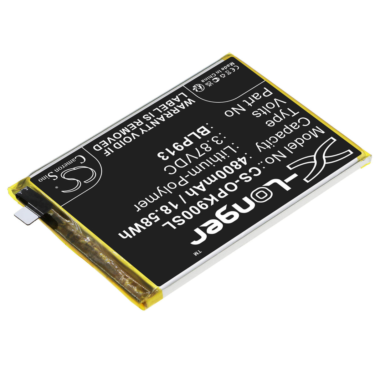 3.87V, Li-Polymer, 4800mAh, SmartPhone battery fits Oppo, Blp913, K9x, K9x 5g 2021, 18.58Wh Mobile, SmartPhone Cameron Sino Technology Limited (Smartphone)