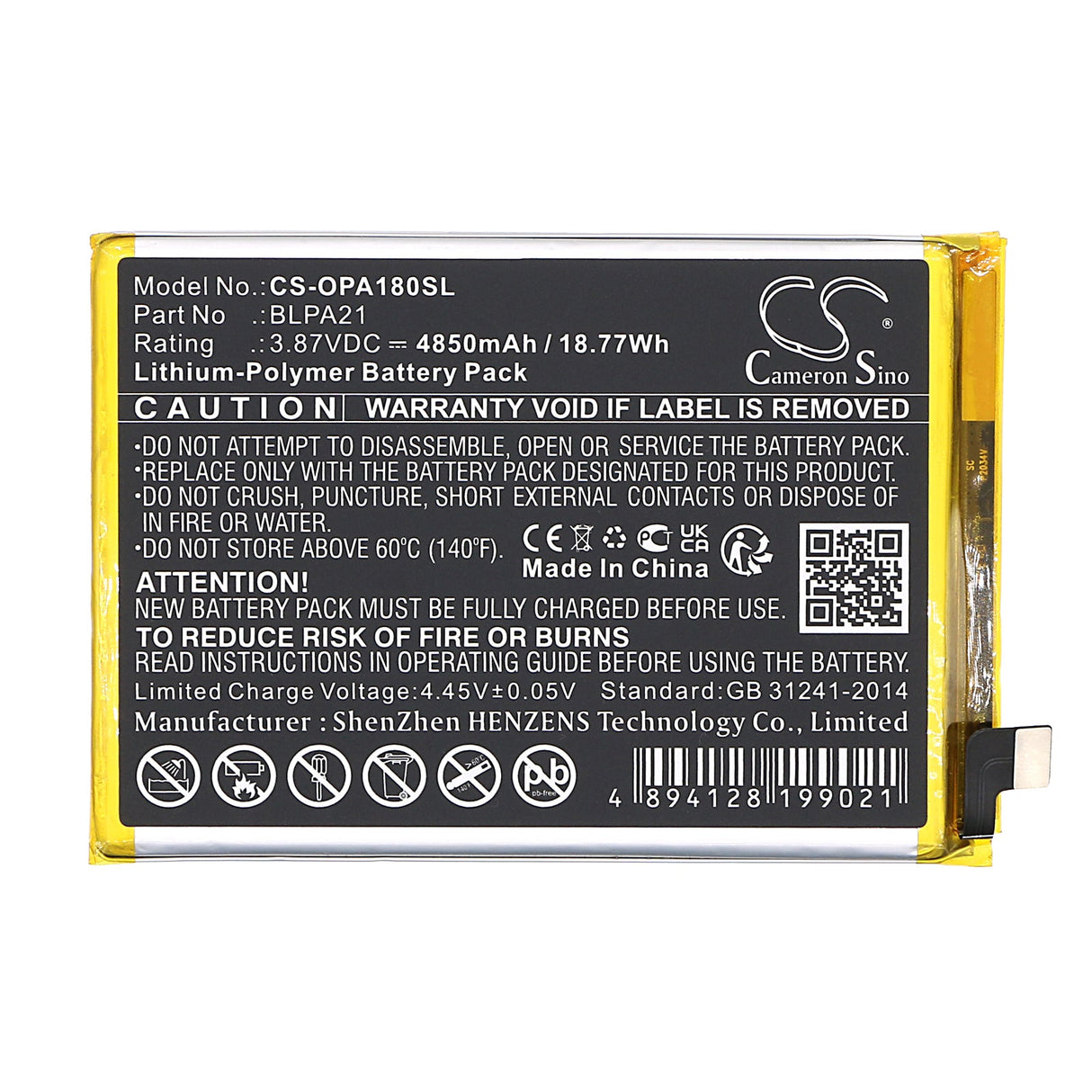 3.87V, Li-Polymer, 4850mAh, SmartPhone battery fits Oppo, Blpa21, A18, Cph2591, 18.77Wh Mobile, SmartPhone Cameron Sino Technology Limited (Smartphone)